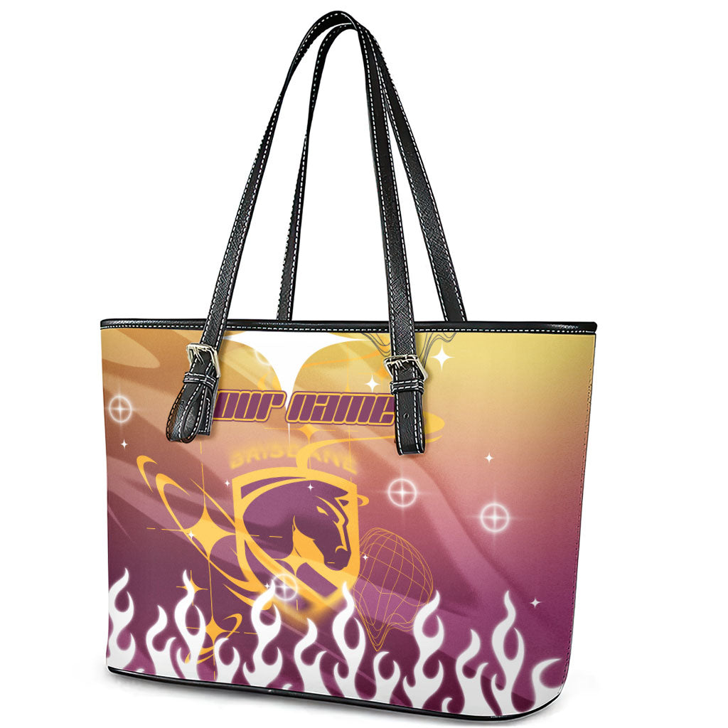 Personalized Brisbane Broncos Leather Tote Bag Y2K Grunge Aesthetic With Cyber Flames and Starburst Graphics