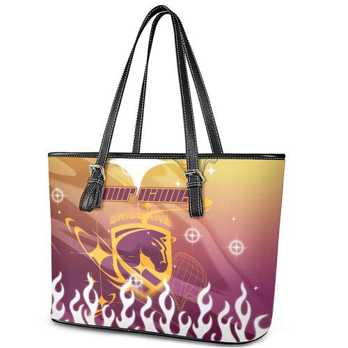 Personalized Brisbane Broncos Leather Tote Bag Y2K Grunge Aesthetic With Cyber Flames and Starburst Graphics