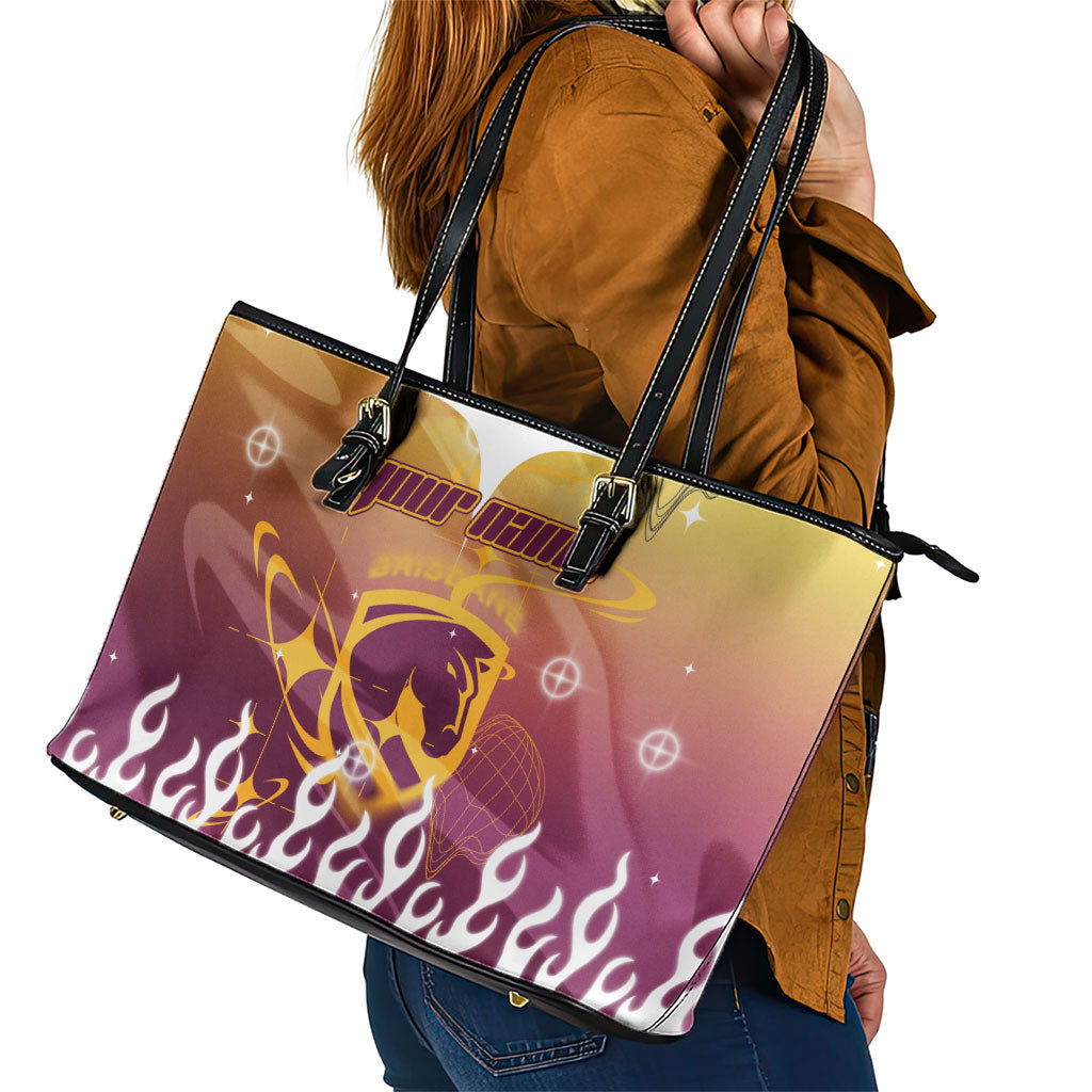 Personalized Brisbane Broncos Leather Tote Bag Y2K Grunge Aesthetic With Cyber Flames and Starburst Graphics