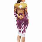 Personalized Brisbane Broncos Long Sleeve Bodycon Dress Y2K Grunge Aesthetic With Cyber Flames and Starburst Graphics