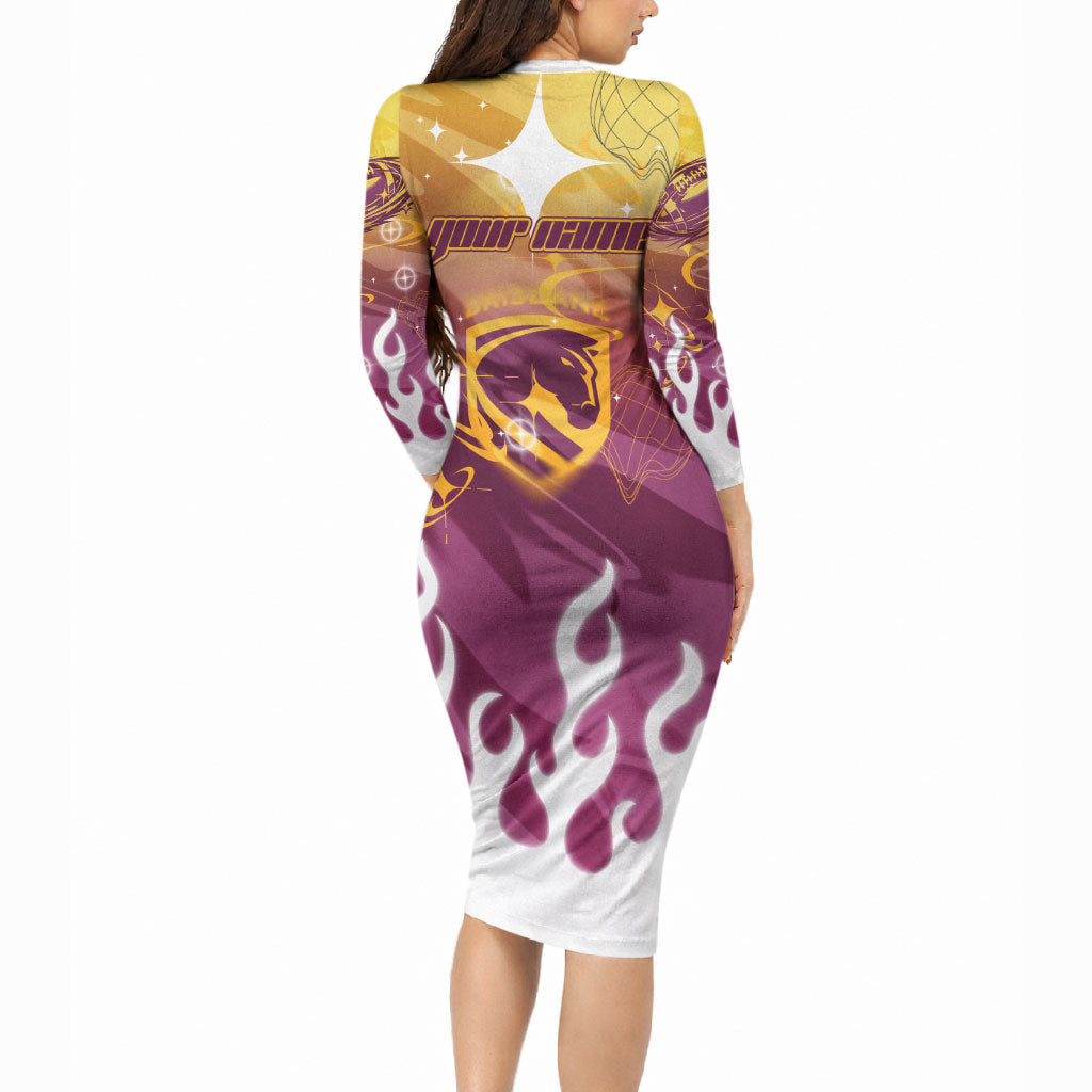 Personalized Brisbane Broncos Long Sleeve Bodycon Dress Y2K Grunge Aesthetic With Cyber Flames and Starburst Graphics