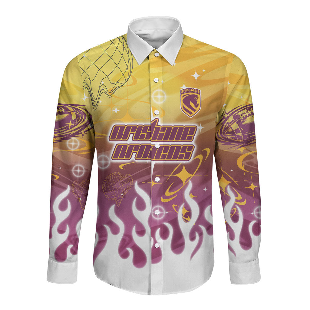 Personalized Brisbane Broncos Long Sleeve Button Shirt Y2K Grunge Aesthetic With Cyber Flames and Starburst Graphics