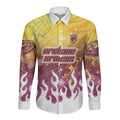 Personalized Brisbane Broncos Long Sleeve Button Shirt Y2K Grunge Aesthetic With Cyber Flames and Starburst Graphics