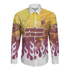 Personalized Brisbane Broncos Long Sleeve Button Shirt Y2K Grunge Aesthetic With Cyber Flames and Starburst Graphics