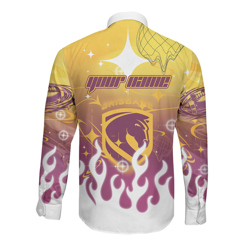 Personalized Brisbane Broncos Long Sleeve Button Shirt Y2K Grunge Aesthetic With Cyber Flames and Starburst Graphics