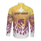Personalized Brisbane Broncos Long Sleeve Button Shirt Y2K Grunge Aesthetic With Cyber Flames and Starburst Graphics