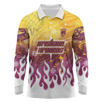Personalized Brisbane Broncos Long Sleeve Polo Shirt Y2K Grunge Aesthetic With Cyber Flames and Starburst Graphics