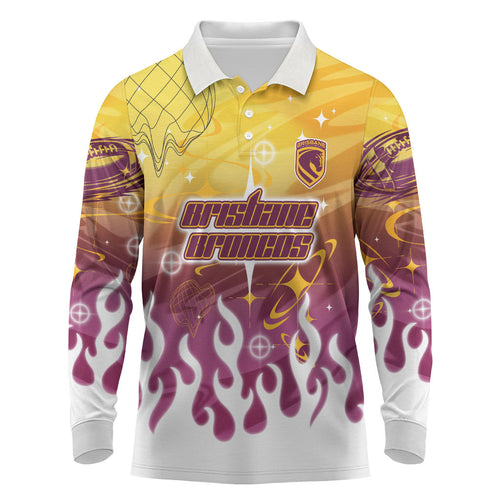 Personalized Brisbane Broncos Long Sleeve Polo Shirt Y2K Grunge Aesthetic With Cyber Flames and Starburst Graphics