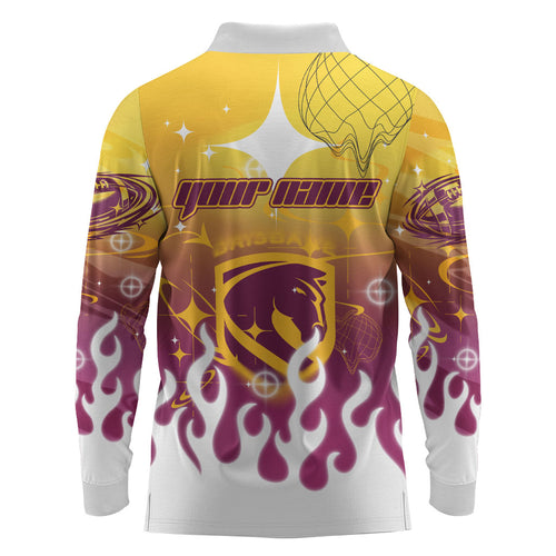 Personalized Brisbane Broncos Long Sleeve Polo Shirt Y2K Grunge Aesthetic With Cyber Flames and Starburst Graphics