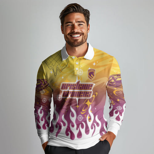 Personalized Brisbane Broncos Long Sleeve Polo Shirt Y2K Grunge Aesthetic With Cyber Flames and Starburst Graphics