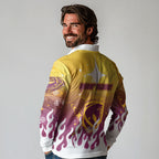Personalized Brisbane Broncos Long Sleeve Polo Shirt Y2K Grunge Aesthetic With Cyber Flames and Starburst Graphics