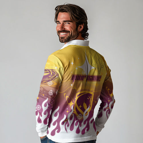 Personalized Brisbane Broncos Long Sleeve Polo Shirt Y2K Grunge Aesthetic With Cyber Flames and Starburst Graphics