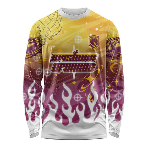 Personalized Brisbane Broncos Long Sleeve Shirt Y2K Grunge Aesthetic With Cyber Flames and Starburst Graphics