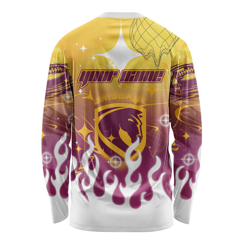 Personalized Brisbane Broncos Long Sleeve Shirt Y2K Grunge Aesthetic With Cyber Flames and Starburst Graphics