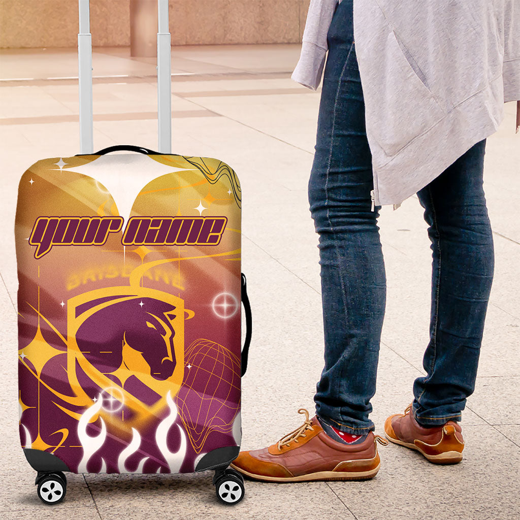 Personalized Brisbane Broncos Luggage Cover Y2K Grunge Aesthetic With Cyber Flames and Starburst Graphics