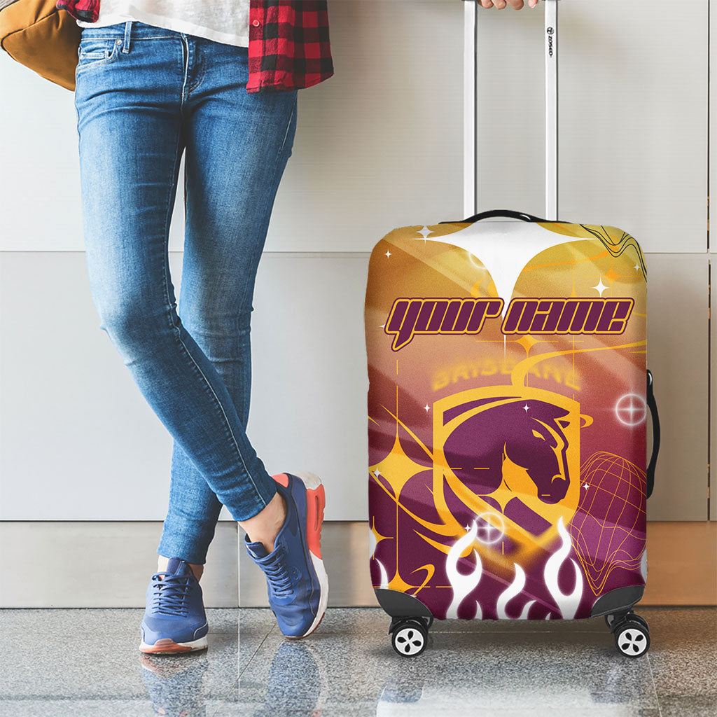 Personalized Brisbane Broncos Luggage Cover Y2K Grunge Aesthetic With Cyber Flames and Starburst Graphics