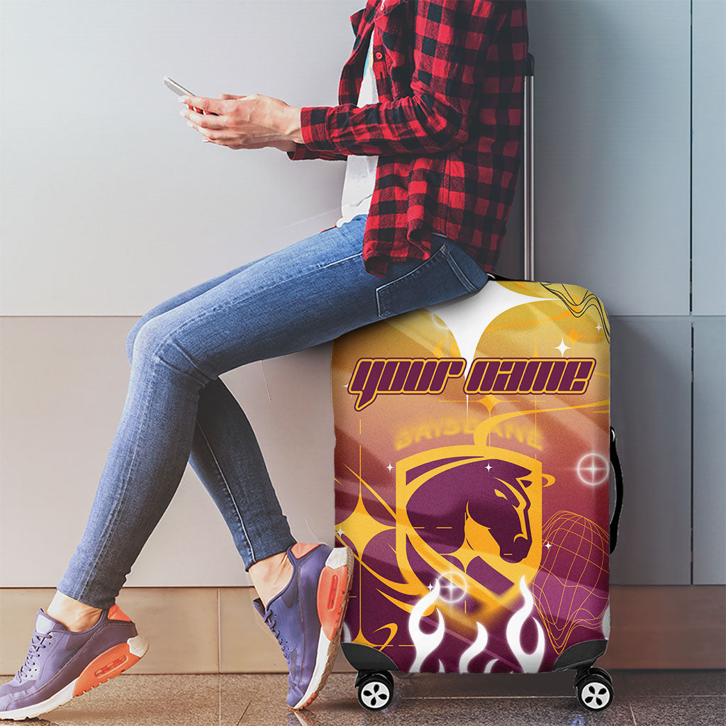 Personalized Brisbane Broncos Luggage Cover Y2K Grunge Aesthetic With Cyber Flames and Starburst Graphics