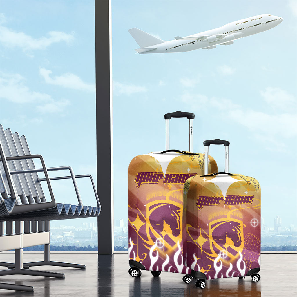 Personalized Brisbane Broncos Luggage Cover Y2K Grunge Aesthetic With Cyber Flames and Starburst Graphics