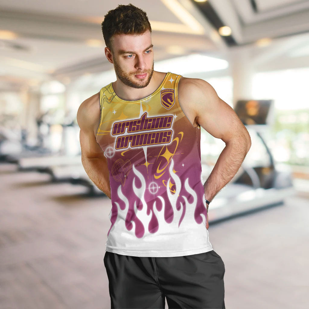 Personalized Brisbane Broncos Men Tank Top Y2K Grunge Aesthetic With Cyber Flames and Starburst Graphics