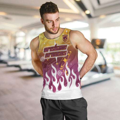 Personalized Brisbane Broncos Men Tank Top Y2K Grunge Aesthetic With Cyber Flames and Starburst Graphics