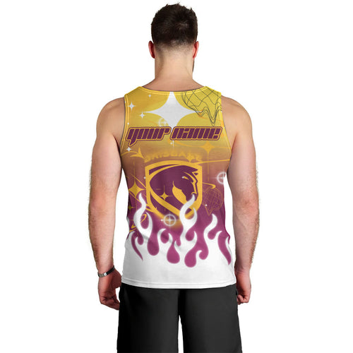 Personalized Brisbane Broncos Men Tank Top Y2K Grunge Aesthetic With Cyber Flames and Starburst Graphics
