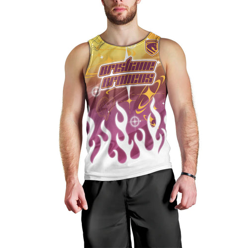 Personalized Brisbane Broncos Men Tank Top Y2K Grunge Aesthetic With Cyber Flames and Starburst Graphics