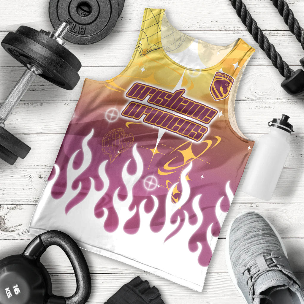 Personalized Brisbane Broncos Men Tank Top Y2K Grunge Aesthetic With Cyber Flames and Starburst Graphics