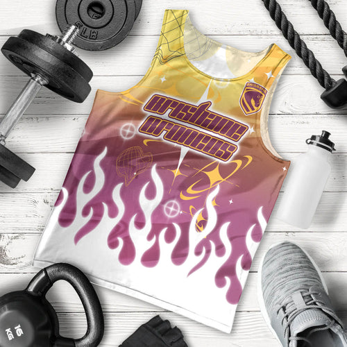 Personalized Brisbane Broncos Men Tank Top Y2K Grunge Aesthetic With Cyber Flames and Starburst Graphics