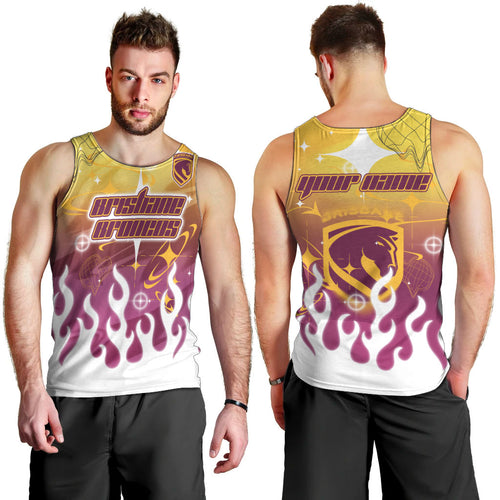 Personalized Brisbane Broncos Men Tank Top Y2K Grunge Aesthetic With Cyber Flames and Starburst Graphics