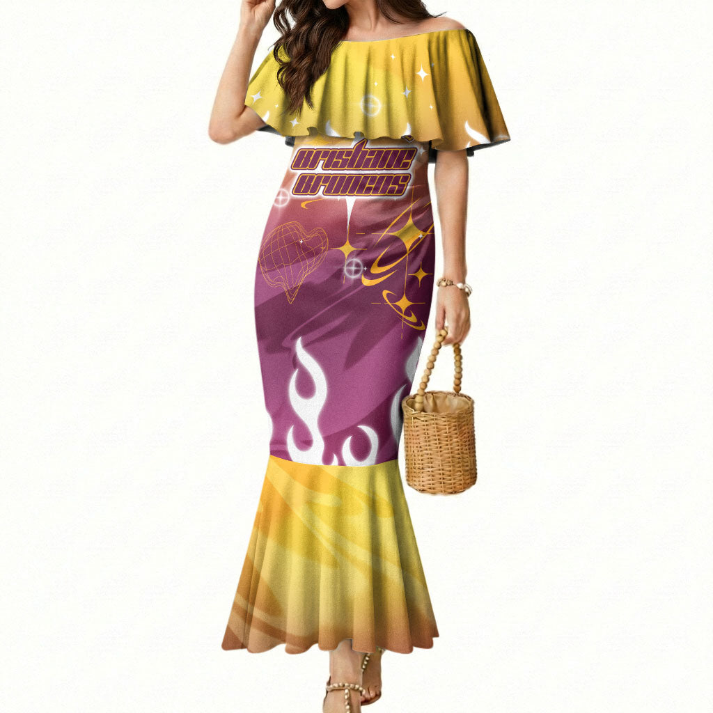Personalized Brisbane Broncos Mermaid Dress Y2K Grunge Aesthetic With Cyber Flames and Starburst Graphics