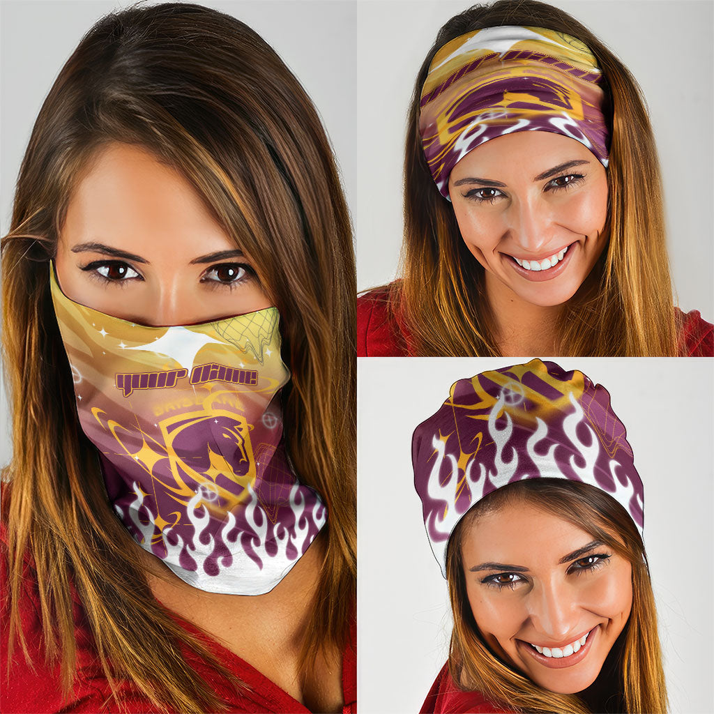 Personalized Brisbane Broncos Neck Gaiter Y2K Grunge Aesthetic With Cyber Flames and Starburst Graphics