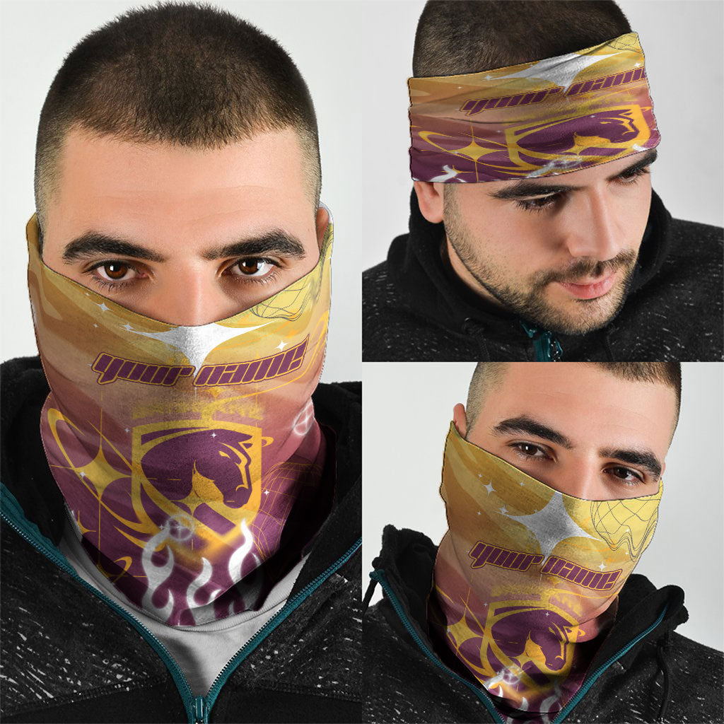 Personalized Brisbane Broncos Neck Gaiter Y2K Grunge Aesthetic With Cyber Flames and Starburst Graphics