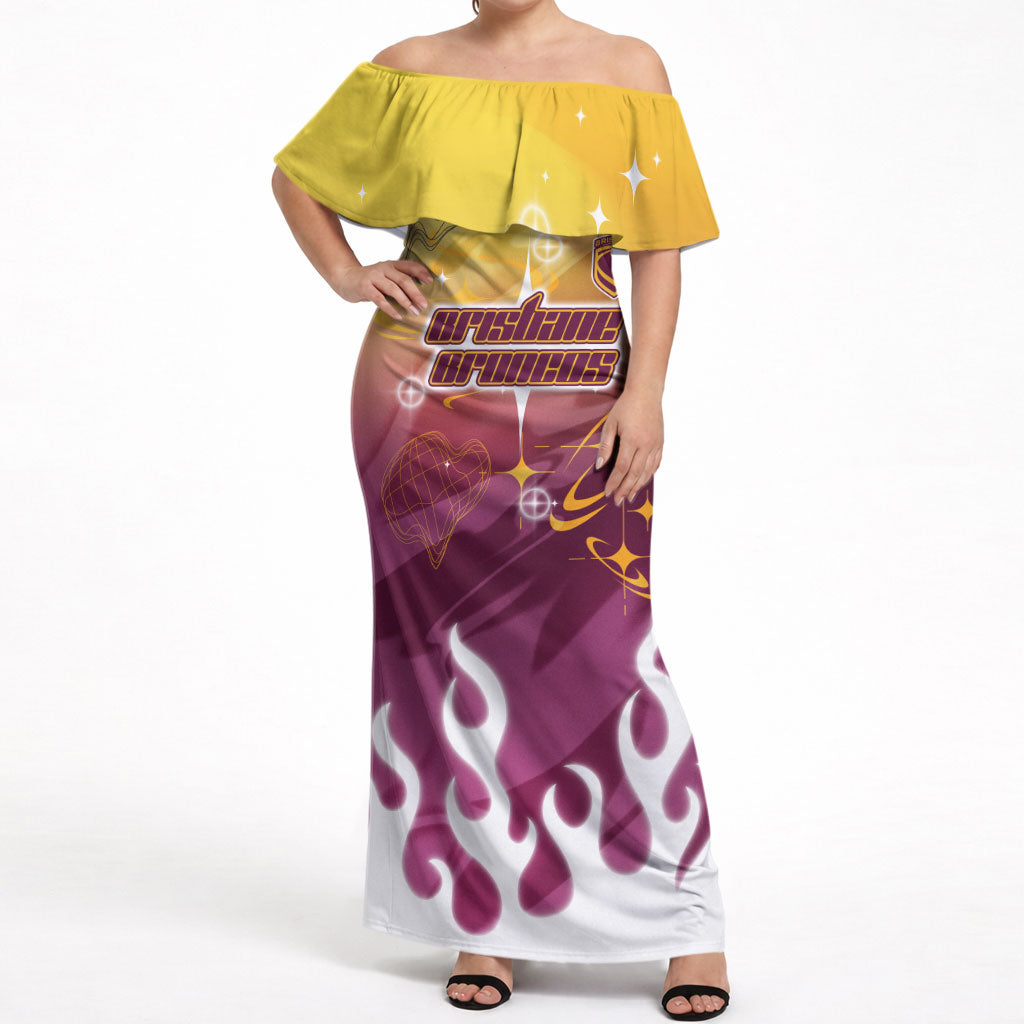 Personalized Brisbane Broncos Off Shoulder Maxi Dress Y2K Grunge Aesthetic With Cyber Flames and Starburst Graphics