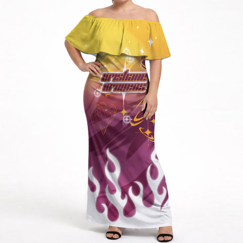Personalized Brisbane Broncos Off Shoulder Maxi Dress Y2K Grunge Aesthetic With Cyber Flames and Starburst Graphics
