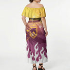 Personalized Brisbane Broncos Off Shoulder Maxi Dress Y2K Grunge Aesthetic With Cyber Flames and Starburst Graphics