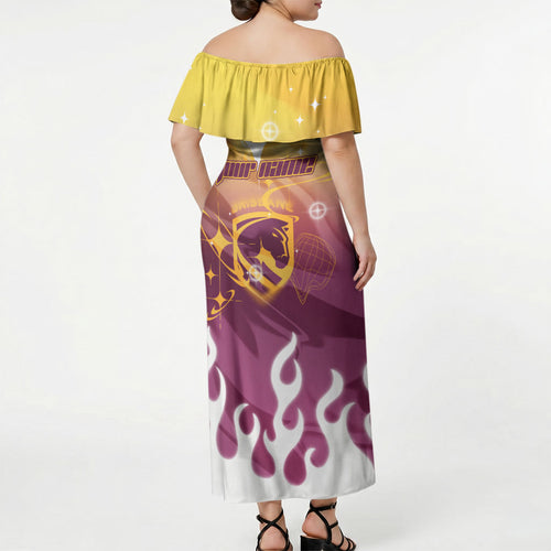 Personalized Brisbane Broncos Off Shoulder Maxi Dress Y2K Grunge Aesthetic With Cyber Flames and Starburst Graphics