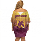 Personalized Brisbane Broncos Off Shoulder Short Dress Y2K Grunge Aesthetic With Cyber Flames and Starburst Graphics