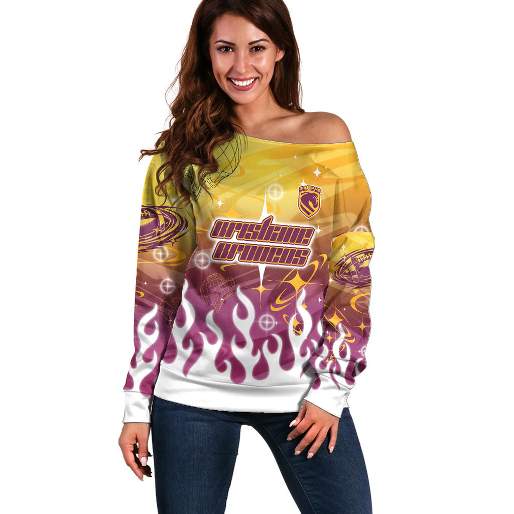 Personalized Brisbane Broncos Off Shoulder Sweater Y2K Grunge Aesthetic With Cyber Flames and Starburst Graphics