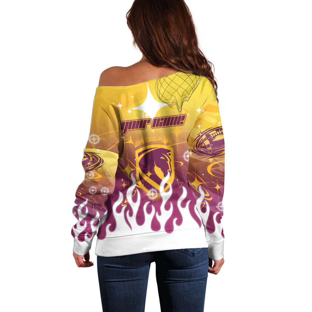 Personalized Brisbane Broncos Off Shoulder Sweater Y2K Grunge Aesthetic With Cyber Flames and Starburst Graphics