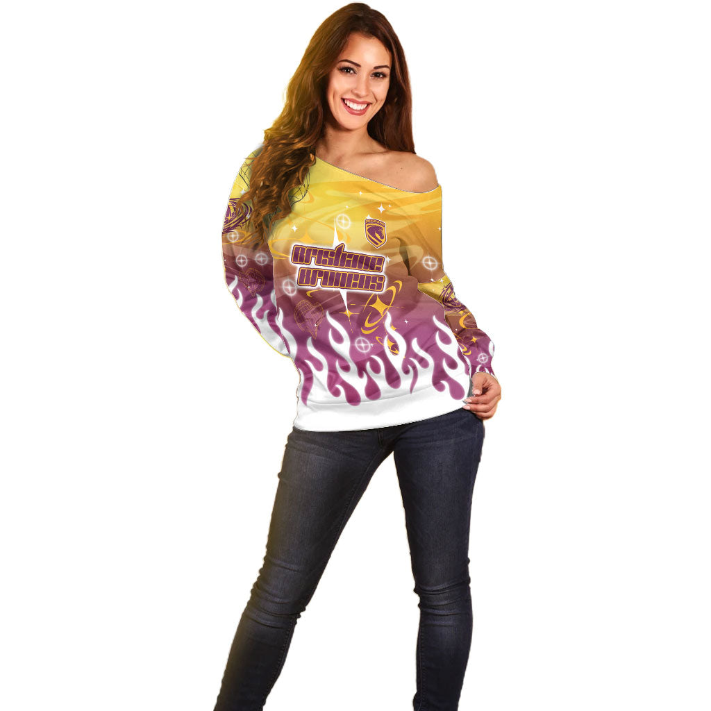 Personalized Brisbane Broncos Off Shoulder Sweater Y2K Grunge Aesthetic With Cyber Flames and Starburst Graphics
