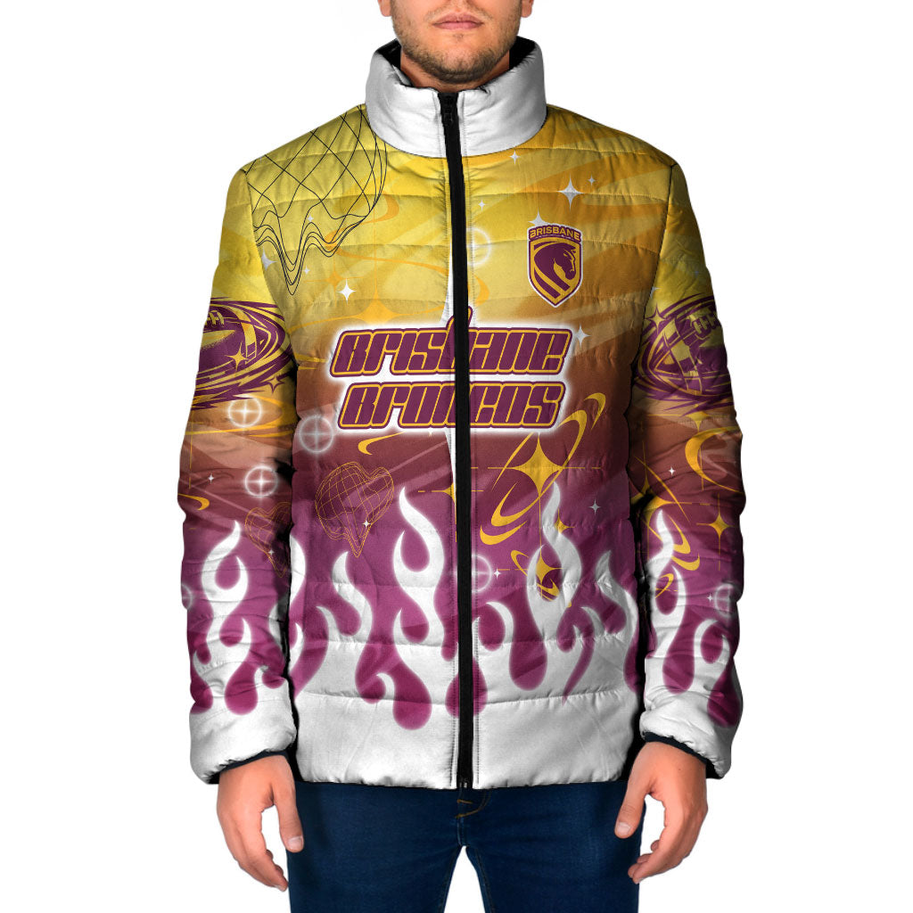Personalized Brisbane Broncos Padded Jacket Y2K Grunge Aesthetic With Cyber Flames and Starburst Graphics