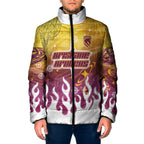 Personalized Brisbane Broncos Padded Jacket Y2K Grunge Aesthetic With Cyber Flames and Starburst Graphics