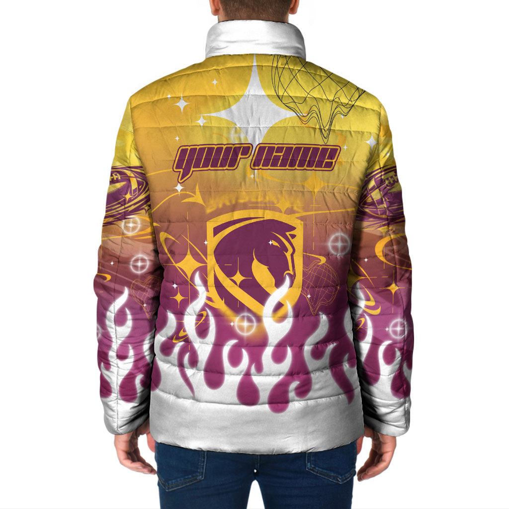Personalized Brisbane Broncos Padded Jacket Y2K Grunge Aesthetic With Cyber Flames and Starburst Graphics