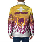 Personalized Brisbane Broncos Padded Jacket Y2K Grunge Aesthetic With Cyber Flames and Starburst Graphics