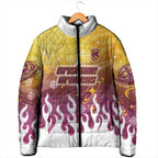 Personalized Brisbane Broncos Padded Jacket Y2K Grunge Aesthetic With Cyber Flames and Starburst Graphics