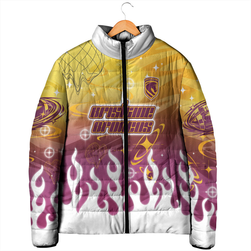Personalized Brisbane Broncos Padded Jacket Y2K Grunge Aesthetic With Cyber Flames and Starburst Graphics