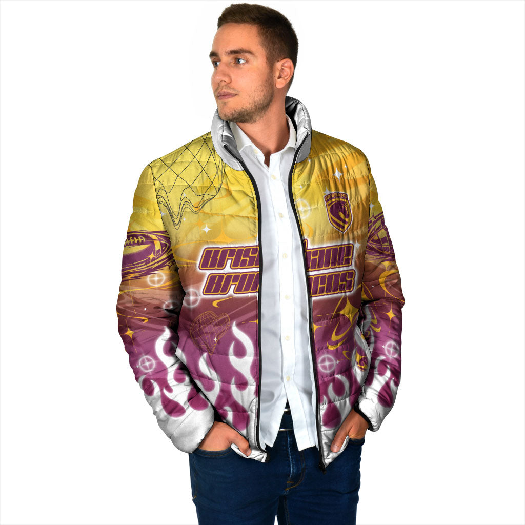 Personalized Brisbane Broncos Padded Jacket Y2K Grunge Aesthetic With Cyber Flames and Starburst Graphics