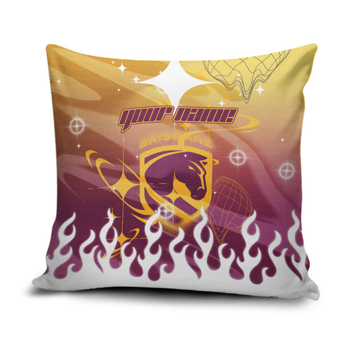 Personalized Brisbane Broncos Pillow Cover Y2K Grunge Aesthetic With Cyber Flames and Starburst Graphics