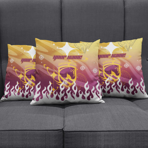 Personalized Brisbane Broncos Pillow Cover Y2K Grunge Aesthetic With Cyber Flames and Starburst Graphics