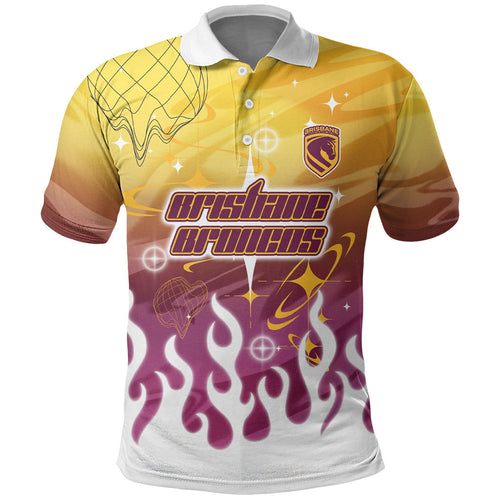 Personalized Brisbane Broncos Polo Shirt Y2K Grunge Aesthetic With Cyber Flames and Starburst Graphics